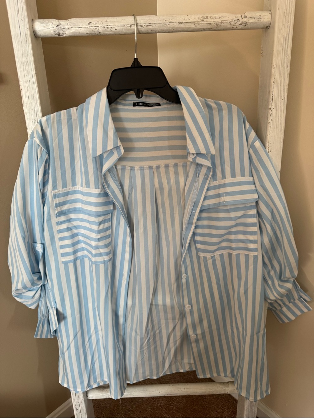 SHEIN Light Blue & White Striped Casual Button-Down Shirt